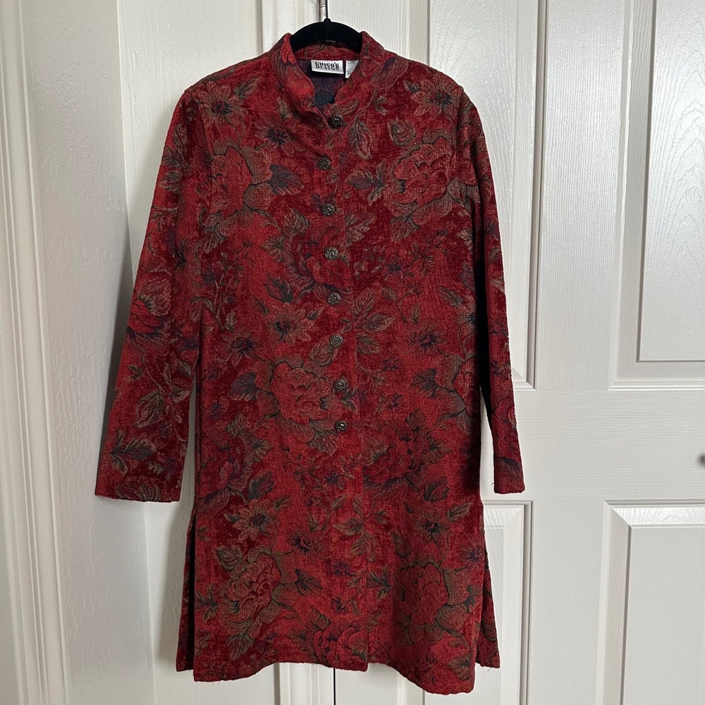 Vintage Chico's Design Red Floral Tapestry Jacket Chenille Patchwork Boho Sz 0 S
